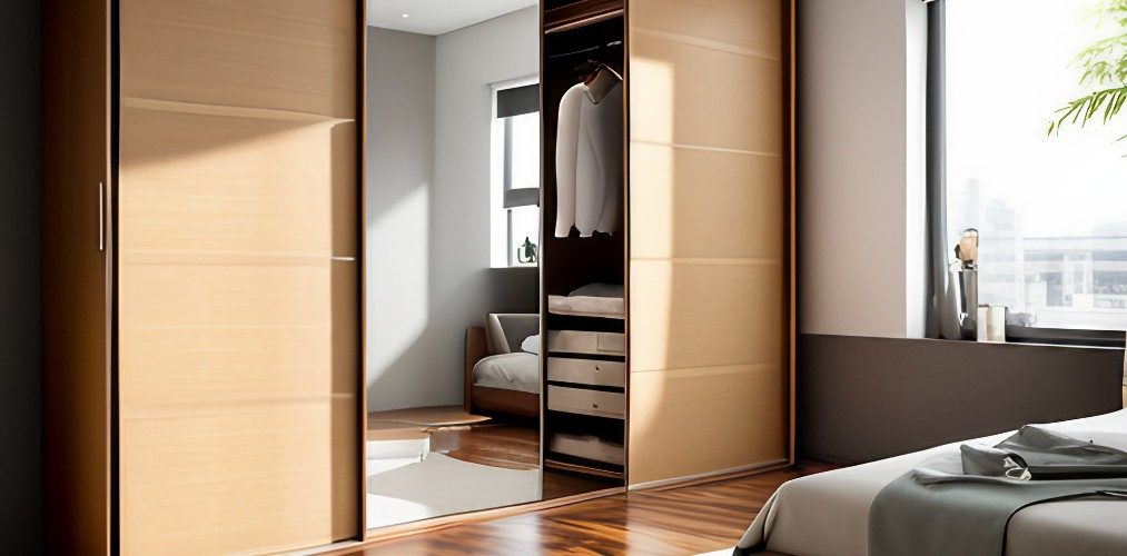 Wooden sliding wardrobe with mirror in modern bedroom-Beautiful Homes