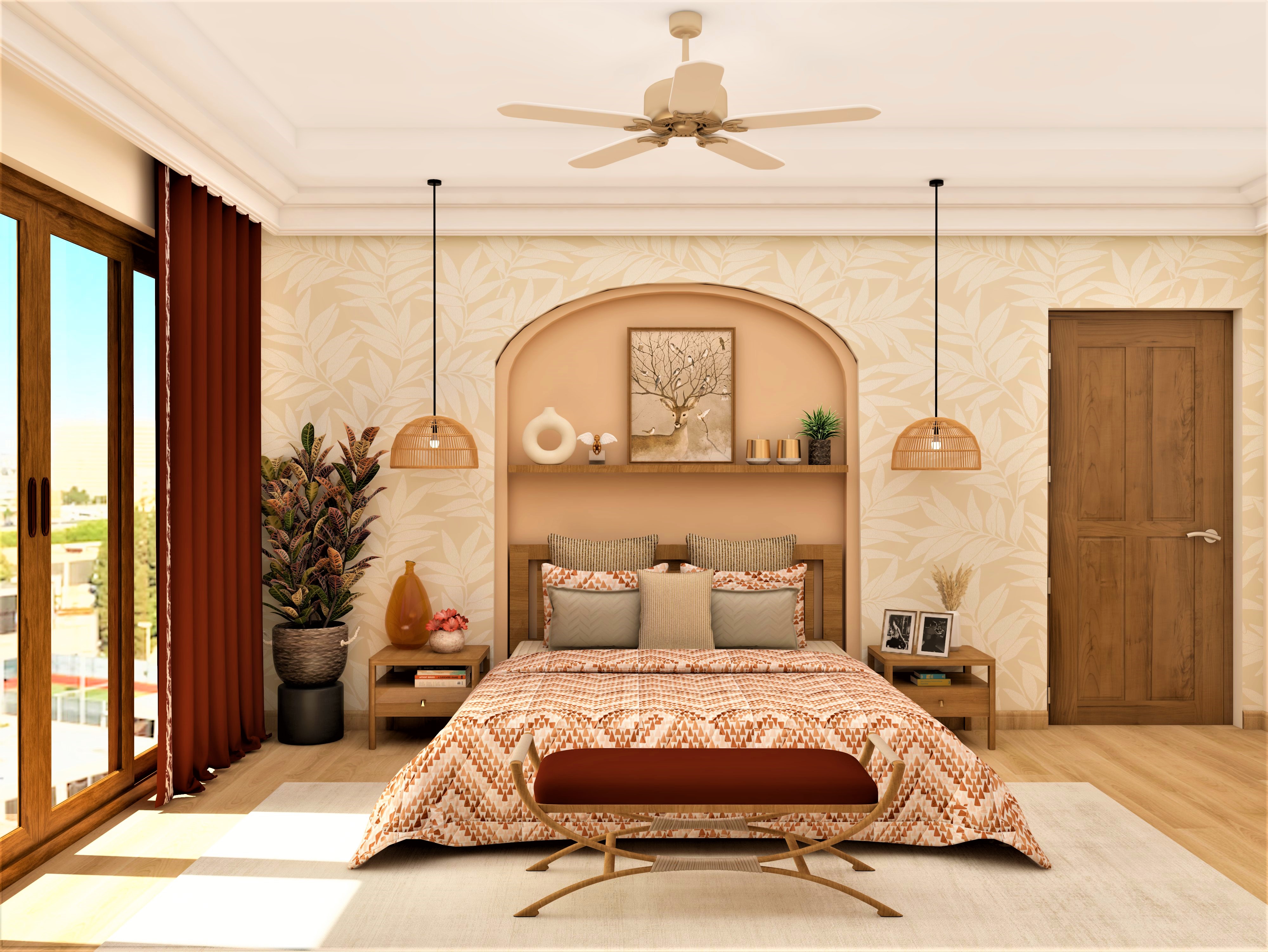 Beige Bedroom with floral wallpaper-Beautiful Homes