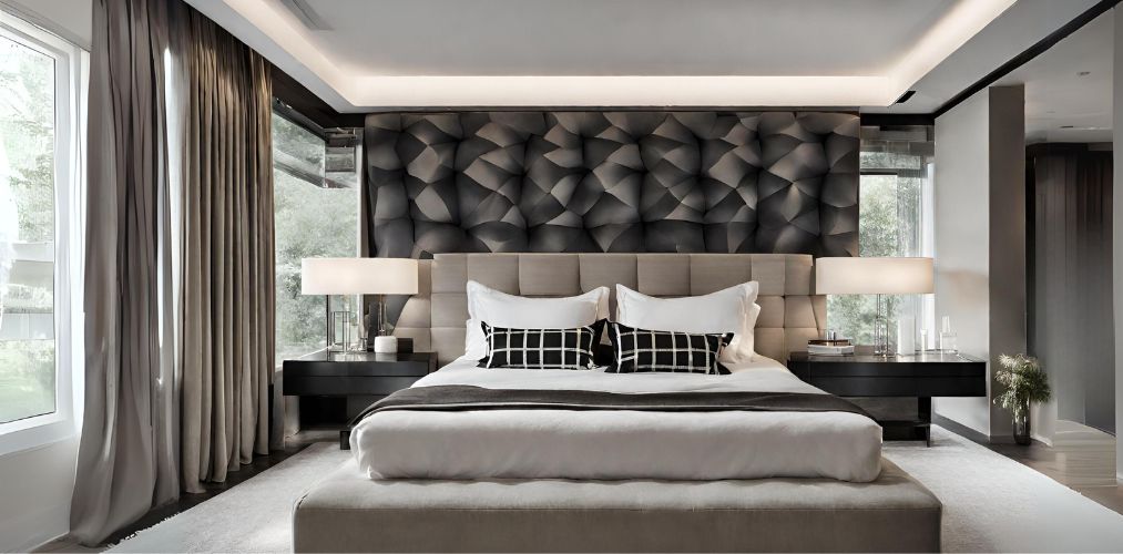 Modern bedroom design with beige upholstered bed and bedside table lamps-Beautiful Homes