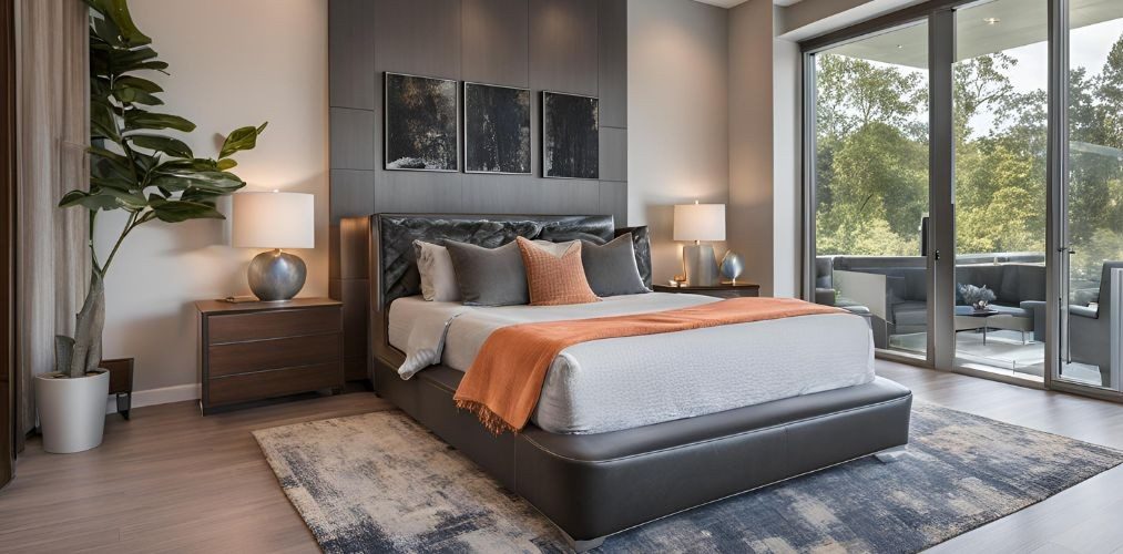 Modern bedroom design with black leather headboard and wooden bedside tables - Beautiful Homes