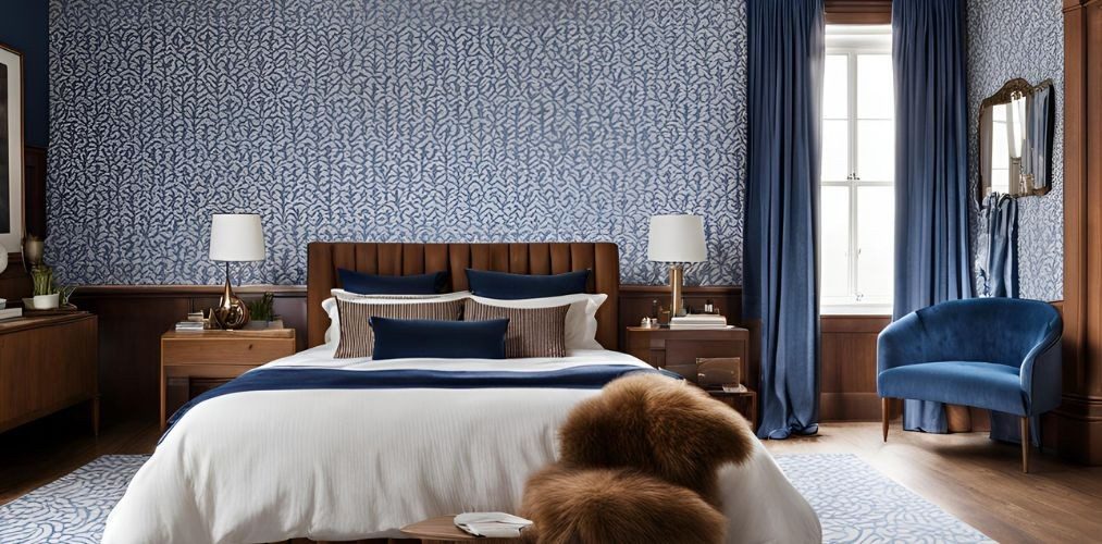 Modern bedroom design with blue and white patterned wallpaper and brown headboard - Beautiful Homes