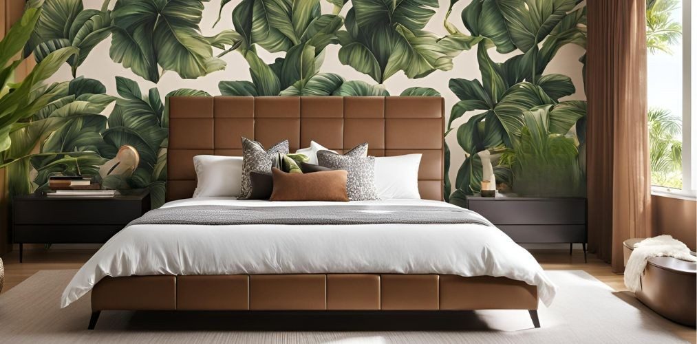 Modern bedroom design with brown bed and tropical wallpaper - Beautiful Homes