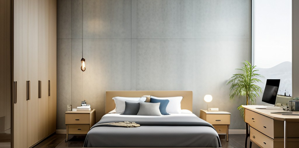 Modern bedroom design with wooden furniture and concrete walls-BeautifulHomes