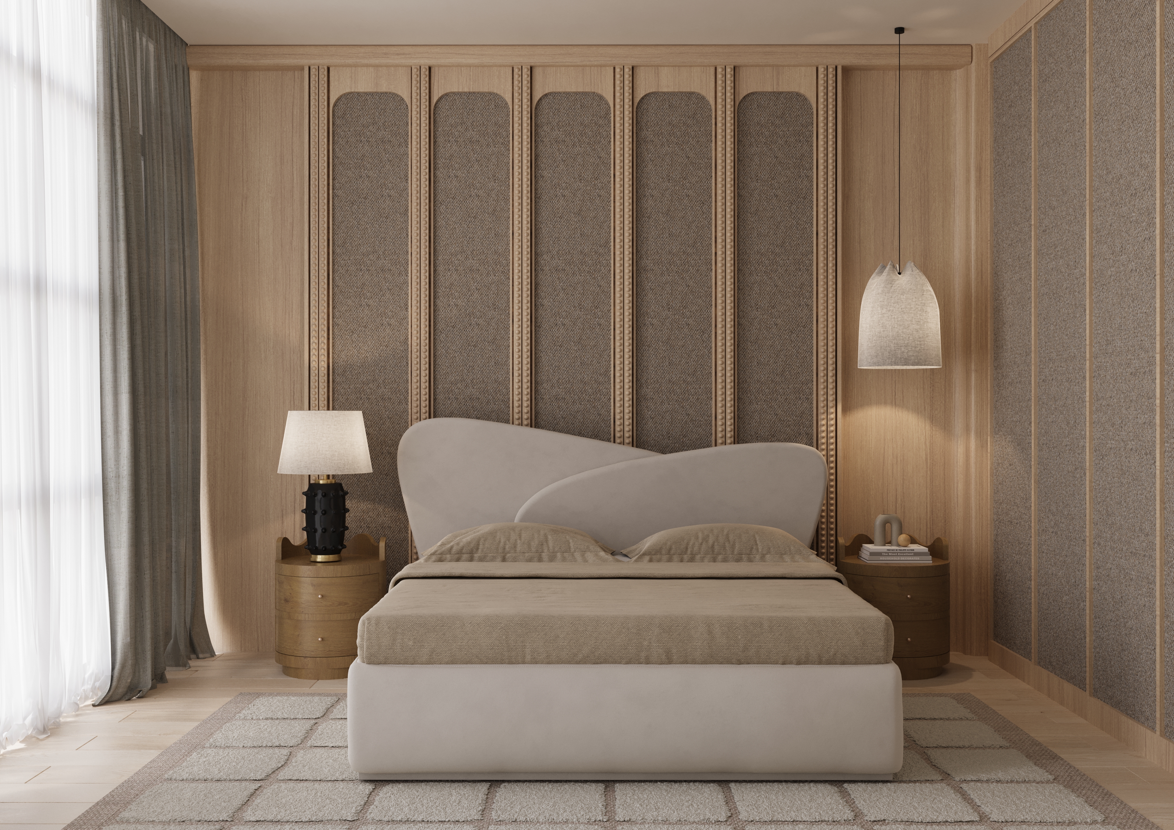 Minimalist bedroom design with textured fabric wall panels - Beautiful Homes