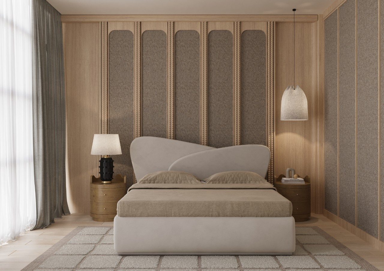 Minimalist bedroom design with textured fabric wall panels - Beautiful Homes