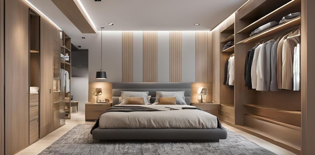 Modern bedroom design with grey bed and wooden wardrobes - Beautiful Homes