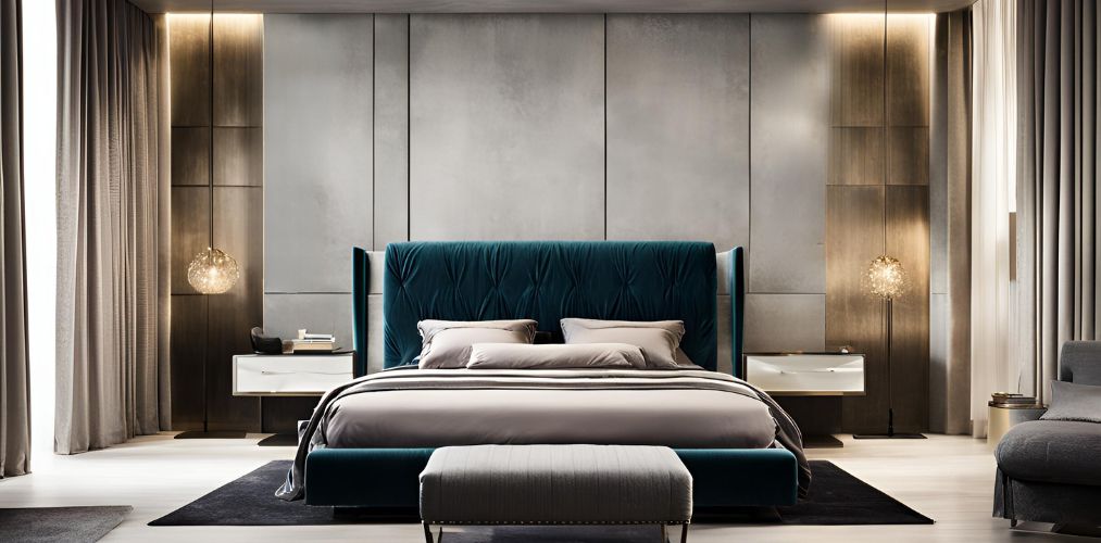 Modern bedroom design with grey wall and velvet headboard - Beautiful Homes