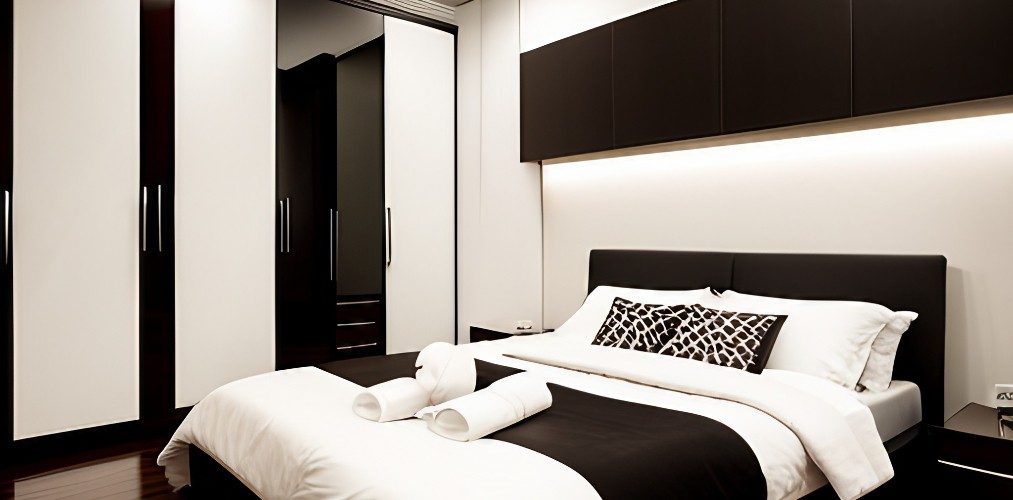 White and black modern master bedroom with wardrobe and queen bed-Beautiful Homes