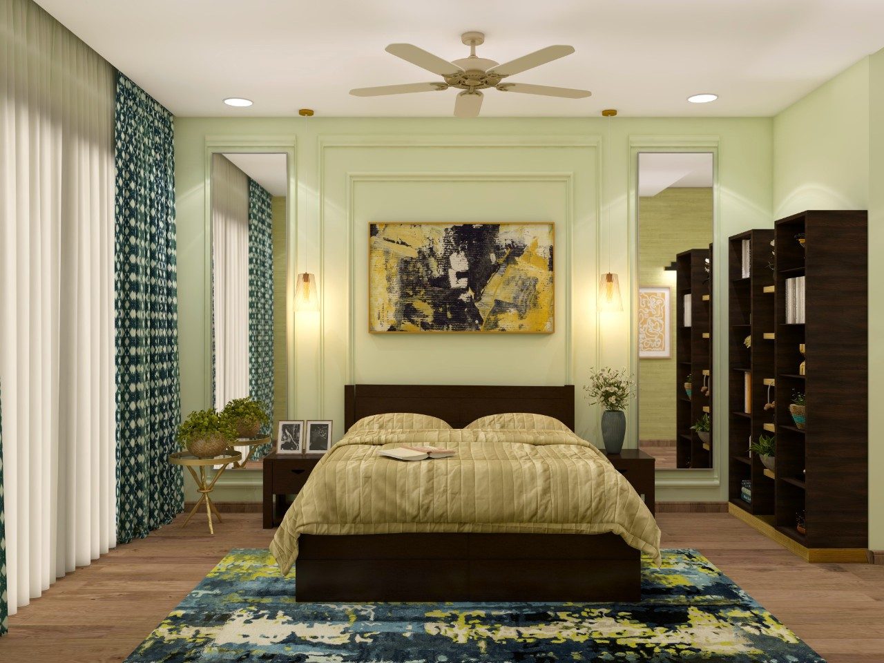 Green bedroom with black bed and wall paneling-Beautiful Homes