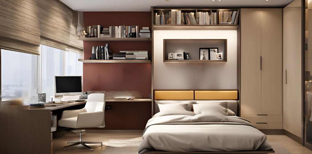 Modern bedroom design with study table and shelves - Beautiful Homes