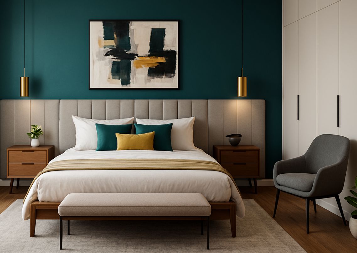 Modern bedroom with teal wall and grey headboard - Beautiful Homes