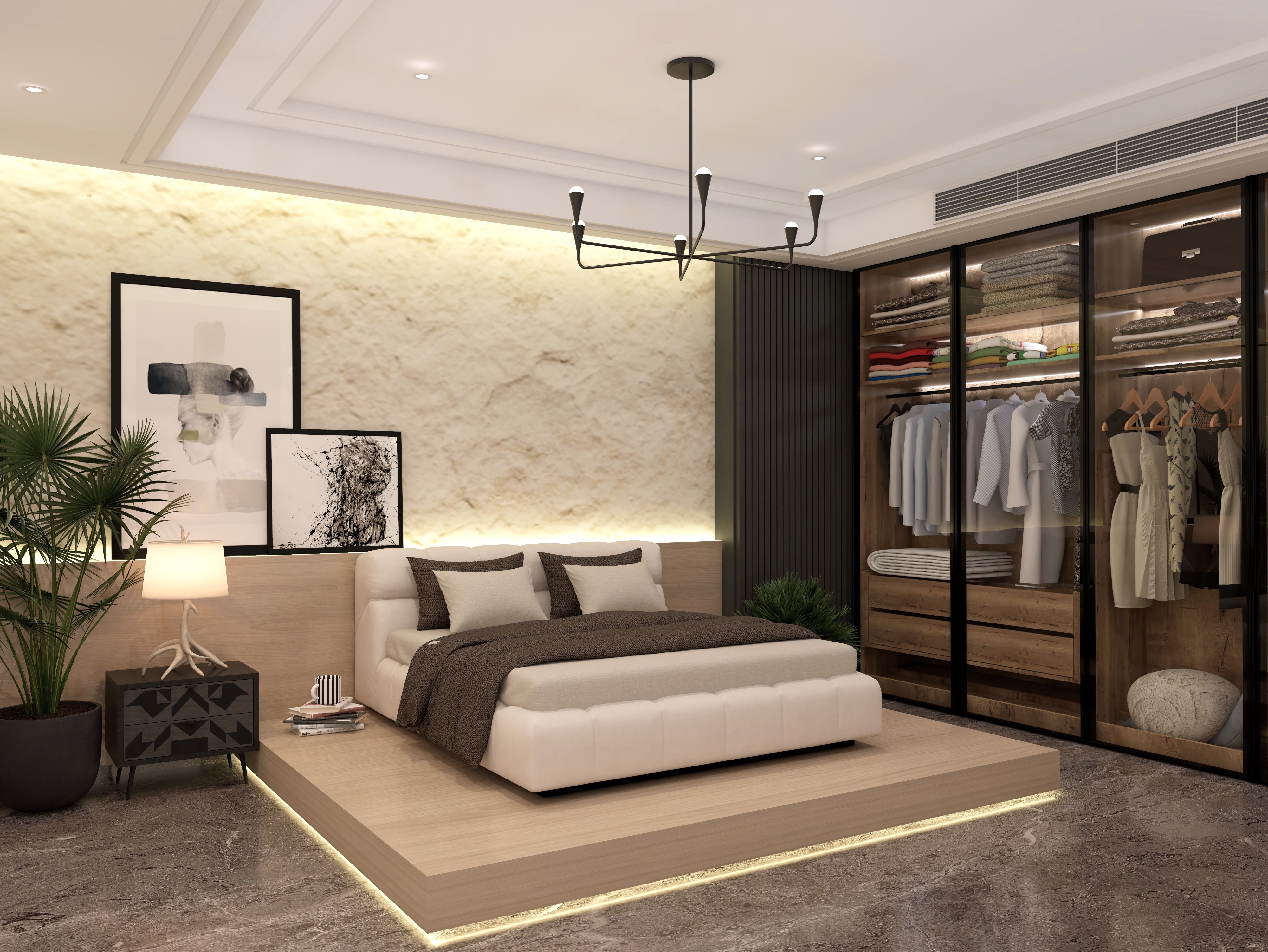 Bedroom with glass wardrobe and platform bed - Beautiful Homes