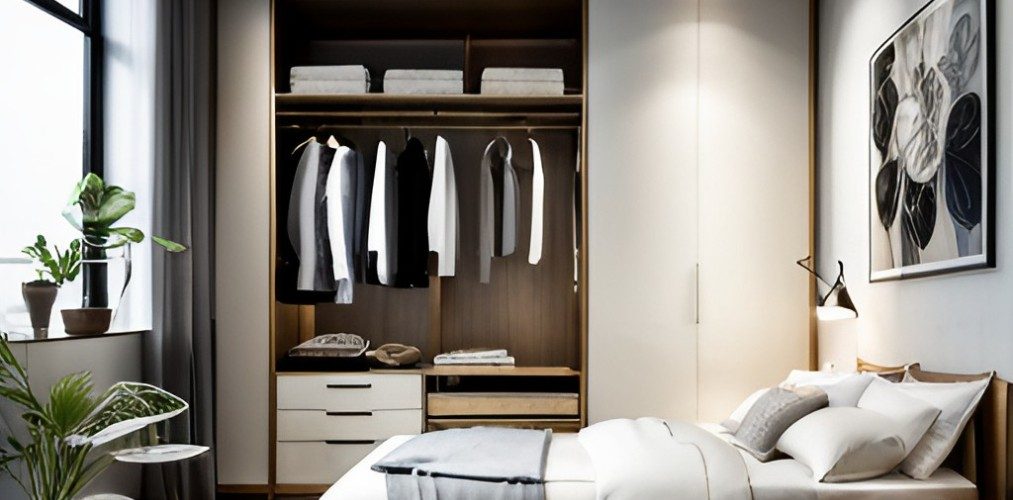 Master bedroom design with white bed and steel wardrobe-BeautifulHomes