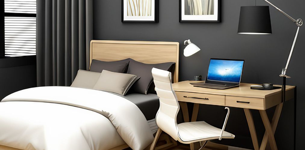 Modern bedroom with laptop bedside table-Beautiful Homes