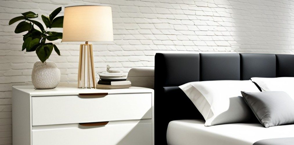 Modern bedside table in white with black headboard for bed-Beautiful Homes