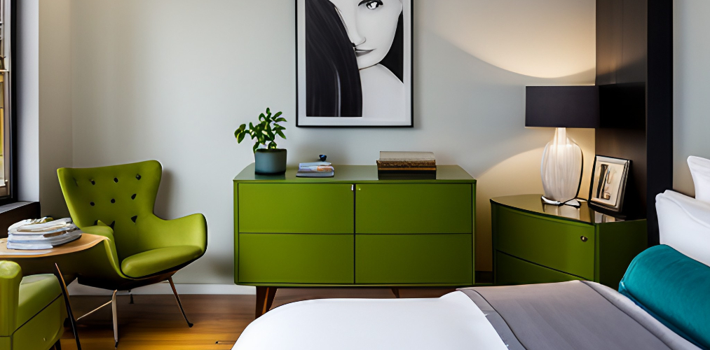 Green dresser with accent chair for a modern bedroom-Beautiful Homes
