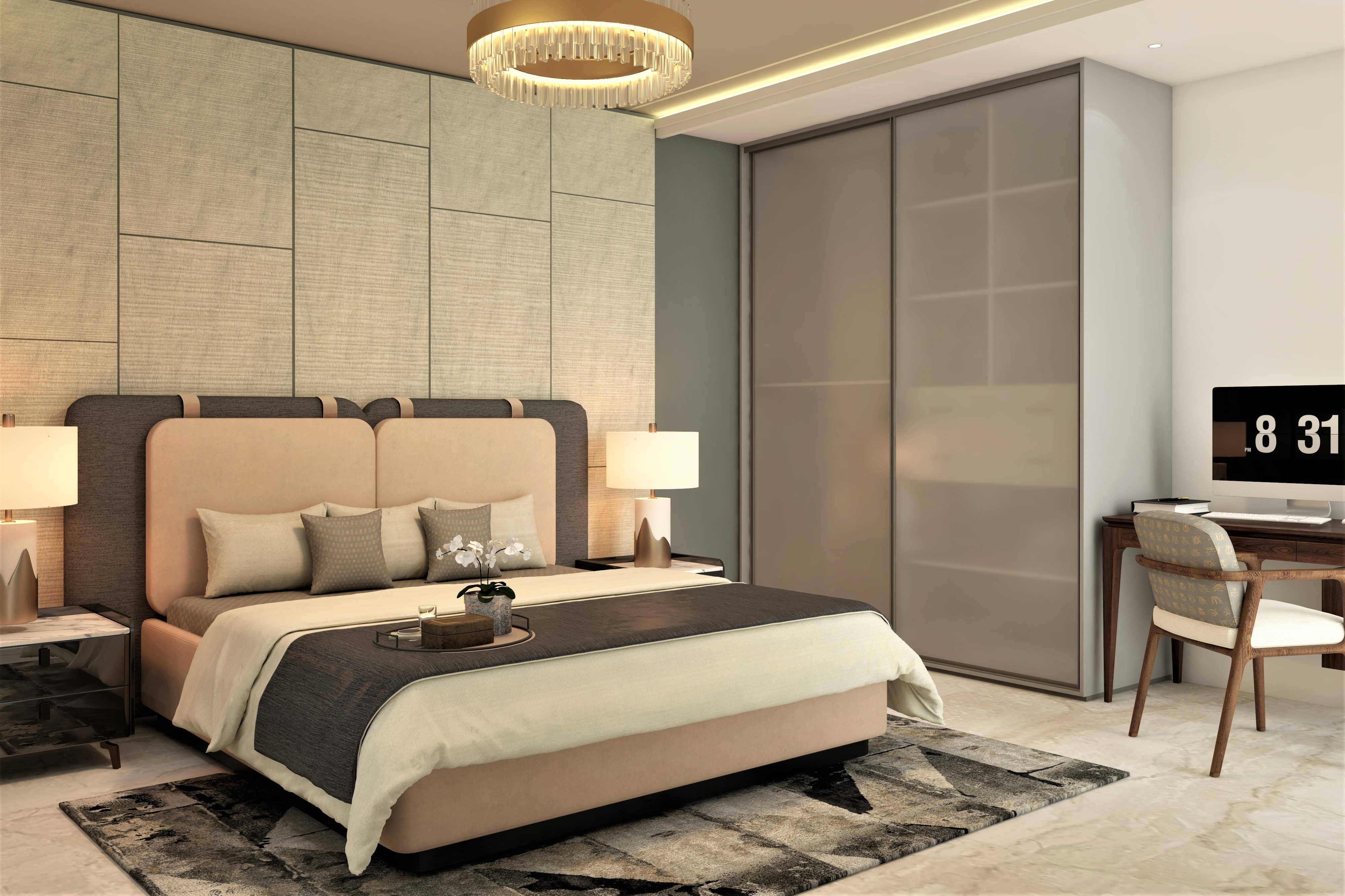 Grey sliding wardrobe with black side table-Beautiful Homes