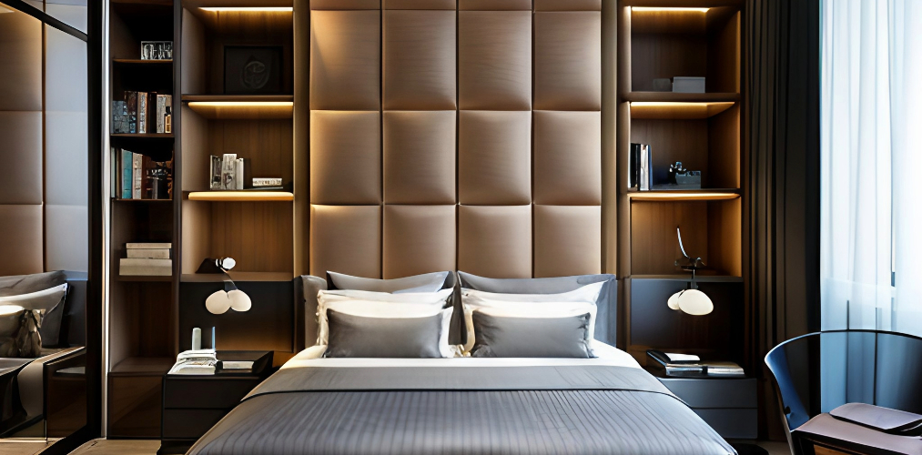 Modern bedroom wall design with book shelves and brown upholstery paneling-Beautiful Homes