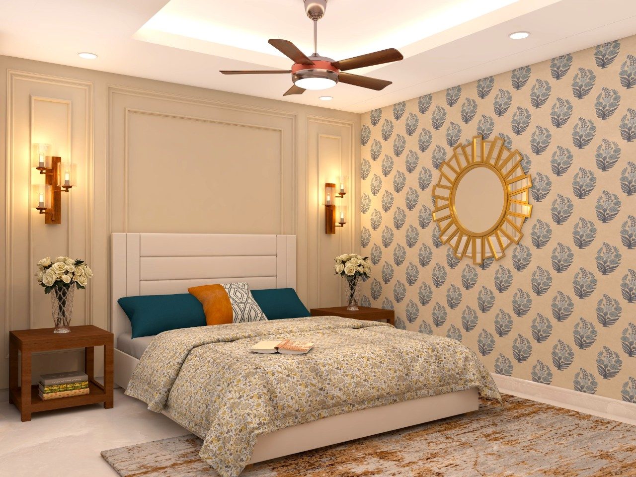 Modern bedroom wall design with mouldings and wallpaper-Beautiful Homes