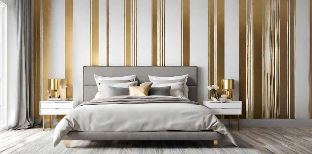 Modern bedroom wall design with white and gold stripes-Beautiful Homes