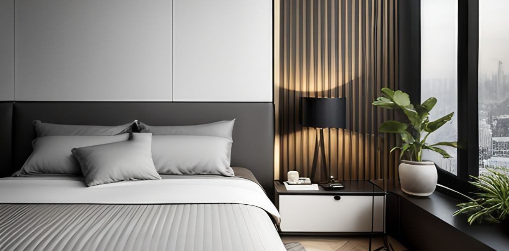 Modern bedroom wall design with white bedside table-Beautiful Homes