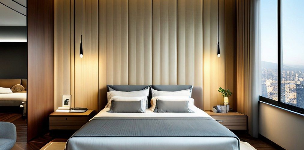 Modern bedroom wall with beige fabric paneling-Beautiful Homes