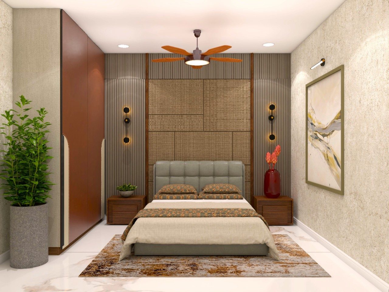 Modern bedroom wall with grey leather headboard and fluted wall paneling-Beautiful Homes