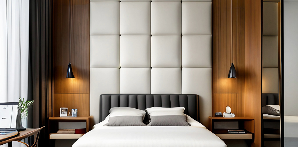 Modern bedroom wall with light grey tufted headboard-Beautiful Homes