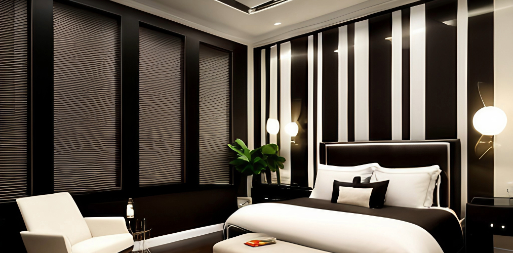 Modern bedroom wall with white and black paneling-Beautiful Homes
