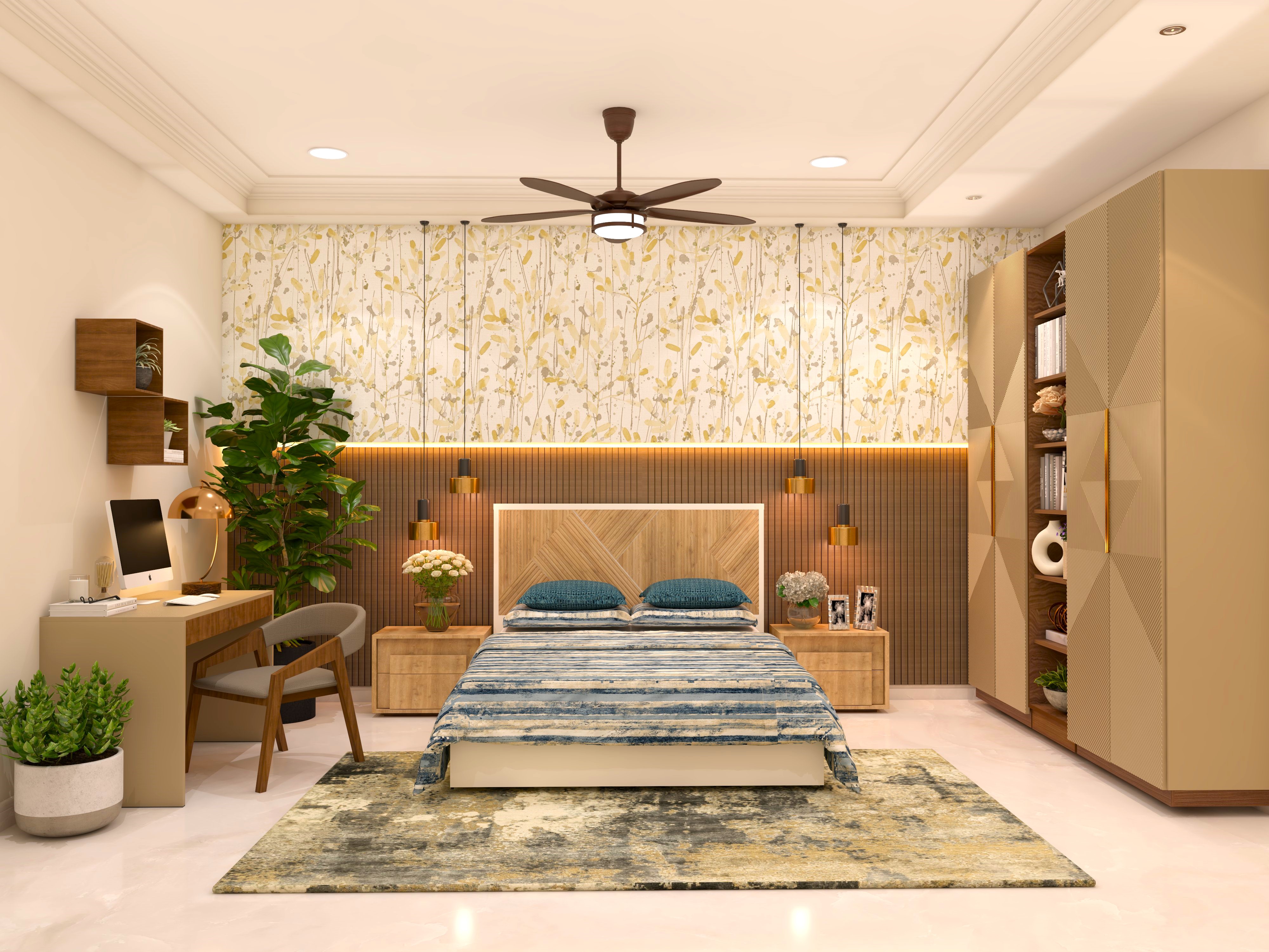 Modern bedroom wall with wooden headboard and floral wallpaper-Beautiful Homes