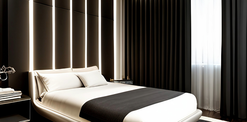 Modern bedroom with a designer bed and black curtains-Beautiful Homes