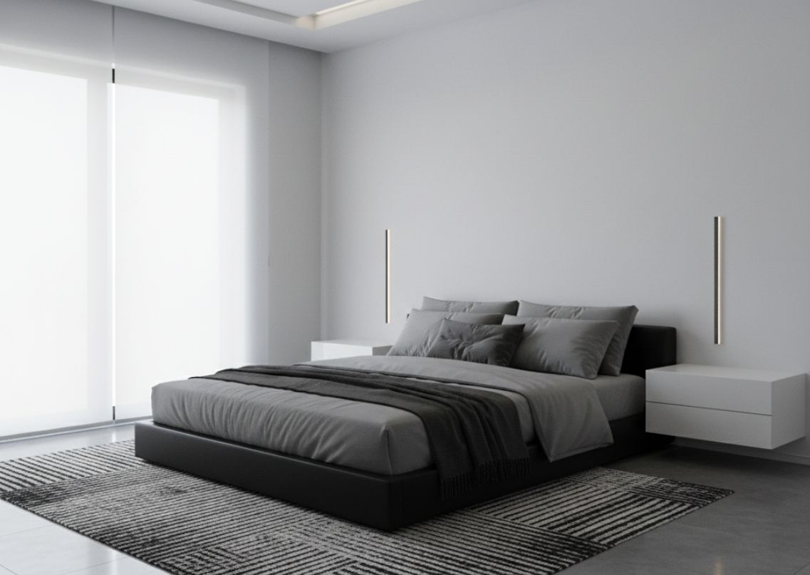 Modern bedroom with wooden headboard and patterned rug - Beautiful Homes