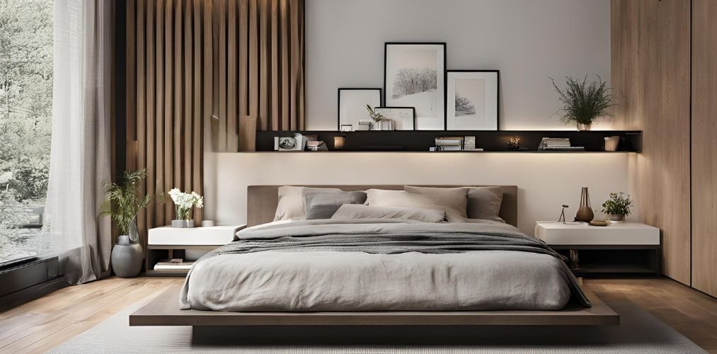 Modern bedroom with a platform bed and fluted panel - Beautiful Homes