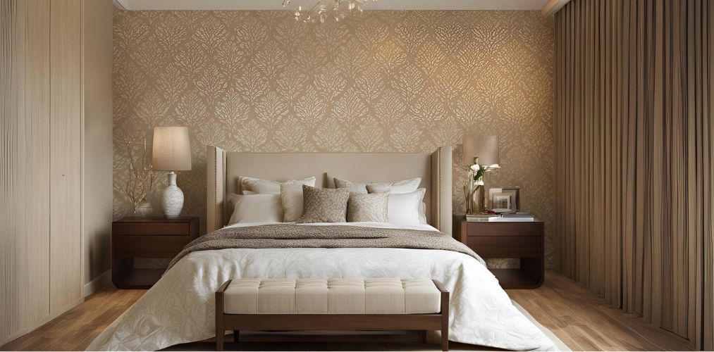 Modern bedroom with beige damask wallpaper and wooden furniture - Beautiful Homes