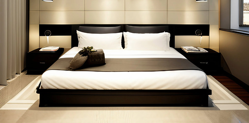 Modern bedroom with beige tiles-Beautiful Homes