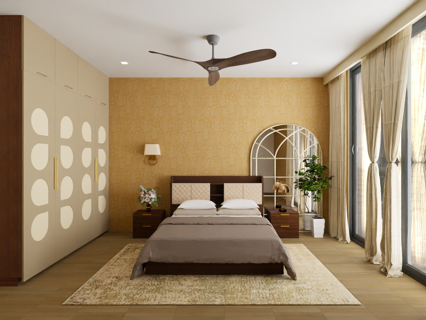 Modern bedroom with wooden floor and beige walls - Beautiful Homes