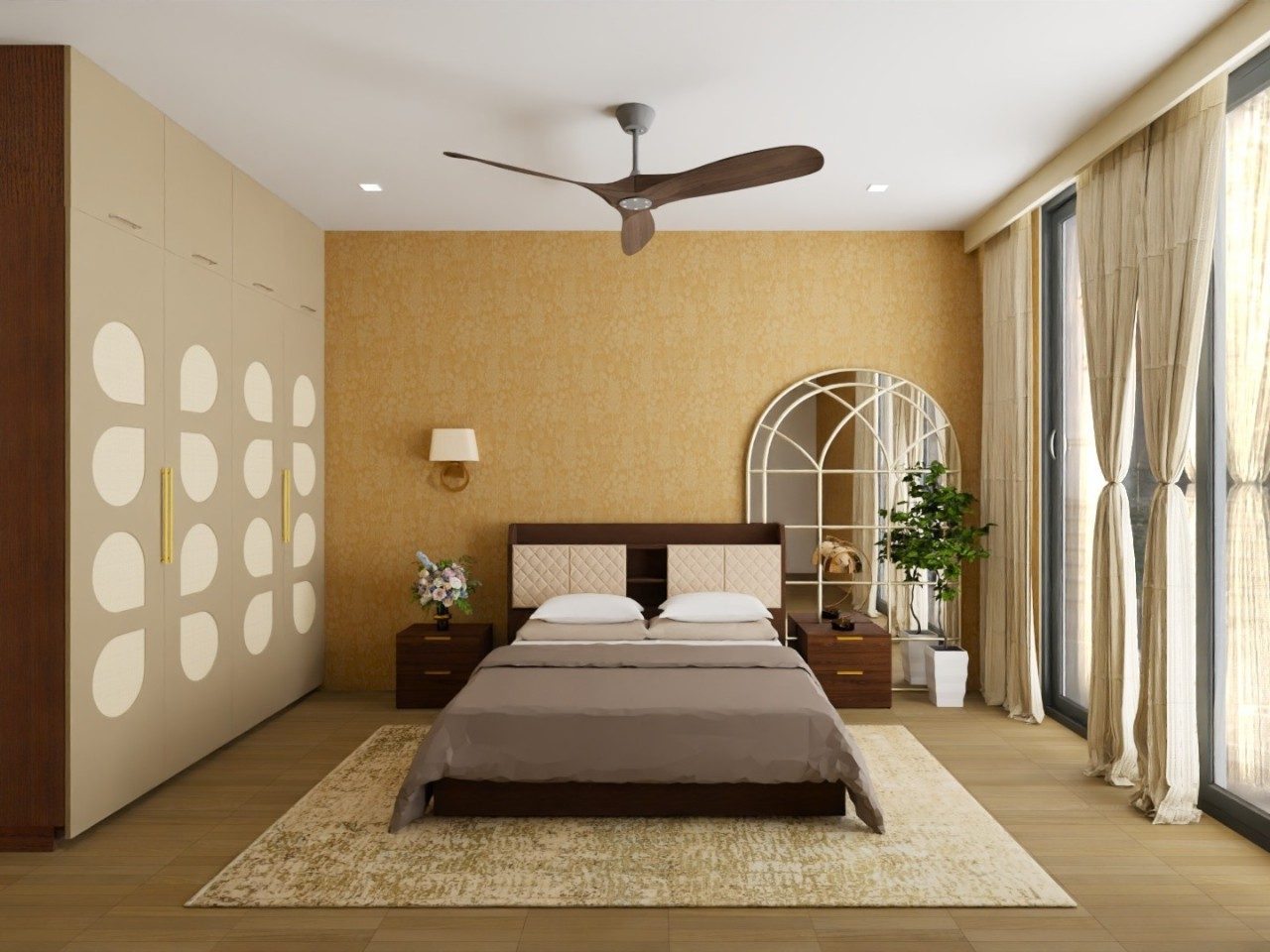 Modern bedroom with wooden floor and beige walls - Beautiful Homes