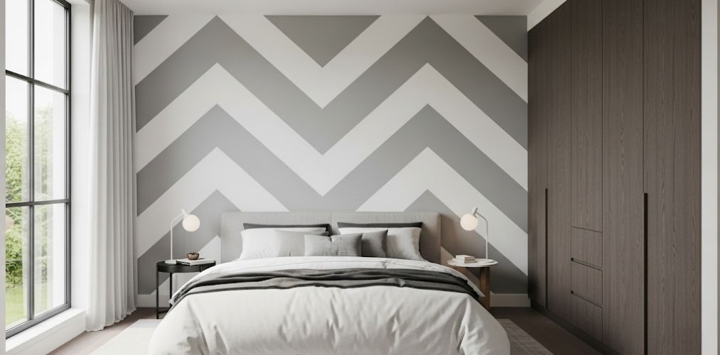 Modern bedroom with chevron wall and wooden wardrobe - Beautiful Homes