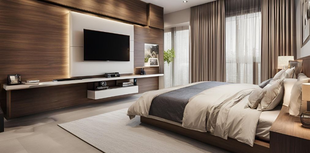 Modern bedroom with cream bedding and wooden TV unit - Beautiful Homes