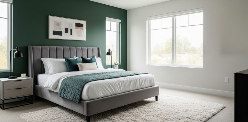 Bedroom with green wall, grey bed, and large windows - Beautiful Homes