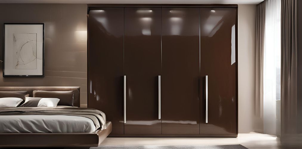 Modern bedroom with glossy brown wardrobe - Beautiful Homes