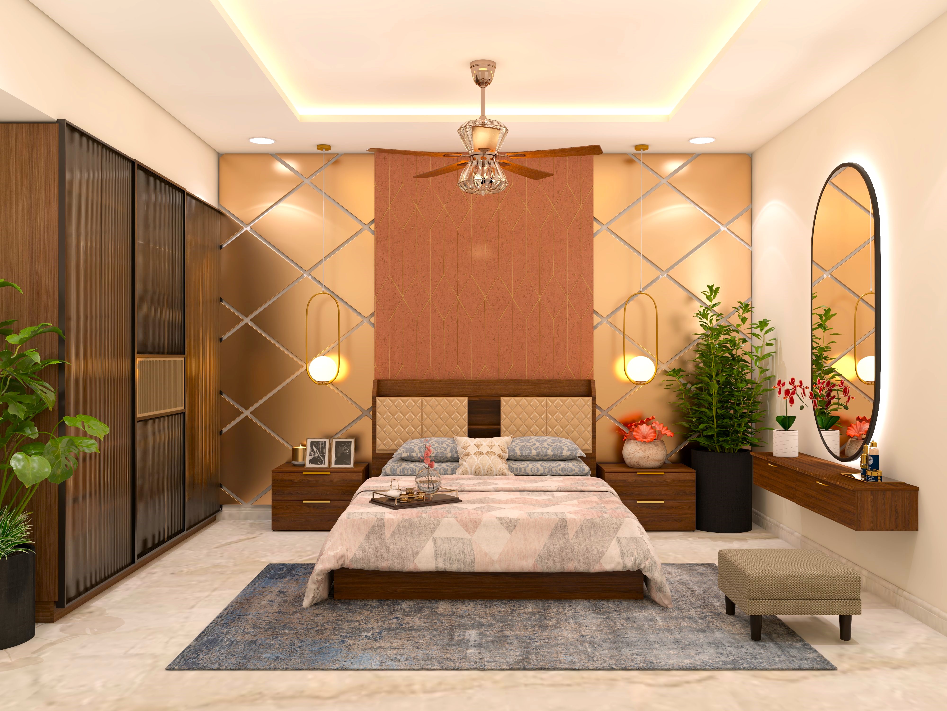 Modern bedroom with golden wall paneling and dressing table-Beautiful Homes