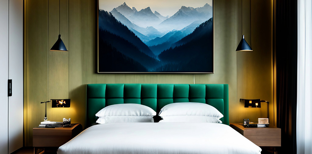 Modern bedroom with green upholstered bed and wall art-Beautiful Homes