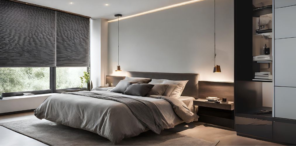 Modern bedroom with grey bed and roller blinds-Beautiful Homes