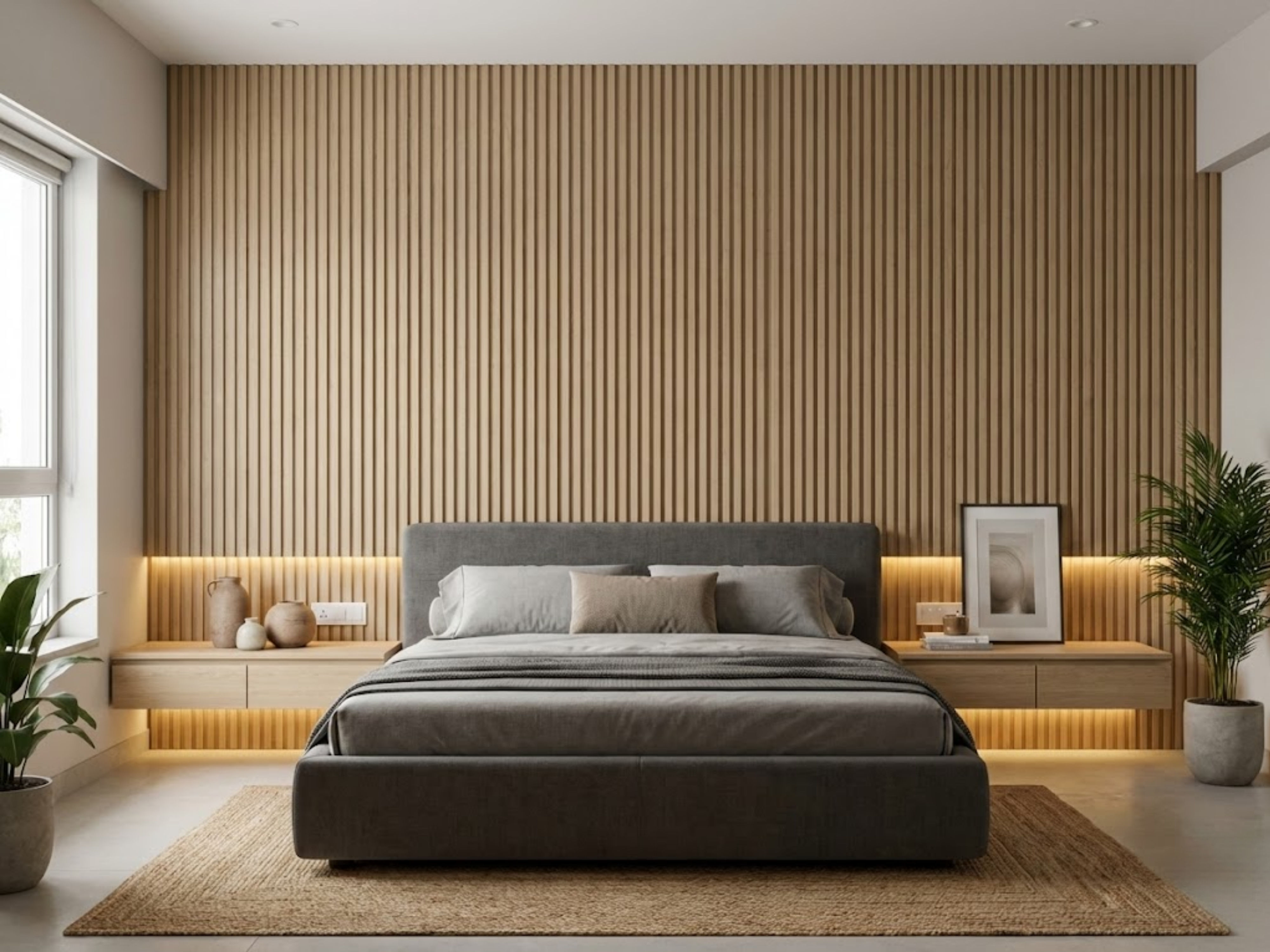 Modern bedroom with geometric wall and pendant lights - Beautiful Homes