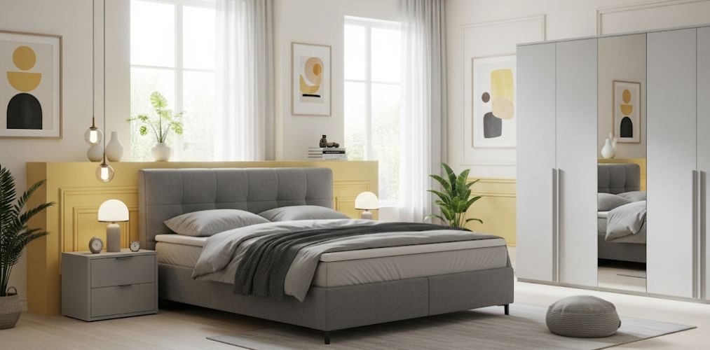 Modern bedroom with grey bed and mirrored wardrobe - Beautiful Homes
