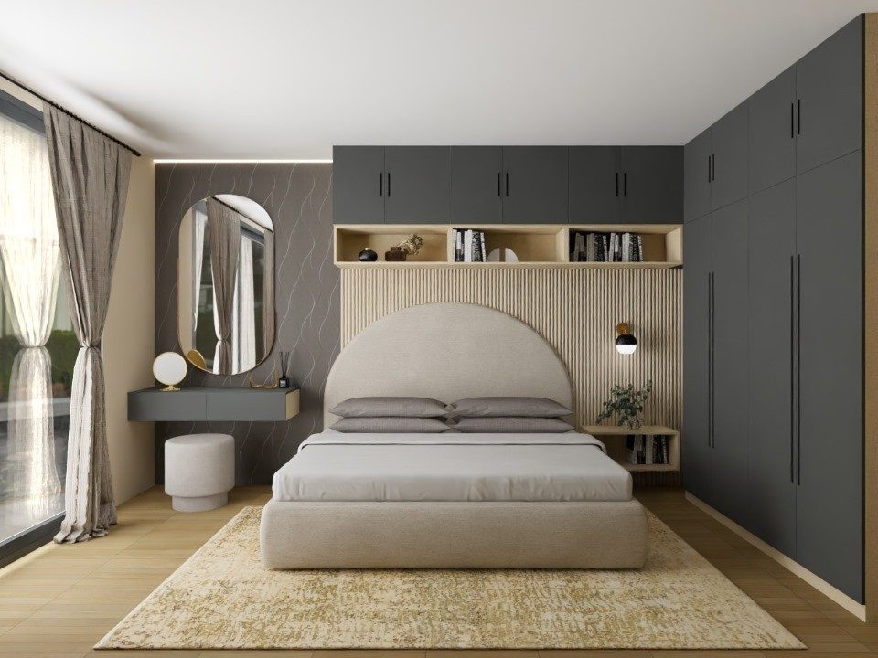 Bedroom with grey wardrobe and upholstered bed - Beautiful Homes