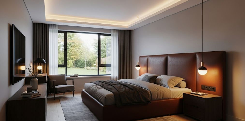 Modern bedroom with large window and pendant lights - Beautiful Homes