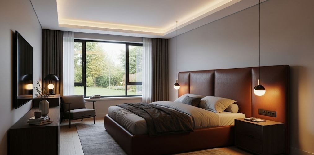 Modern bedroom with large window and pendant lights - Beautiful Homes