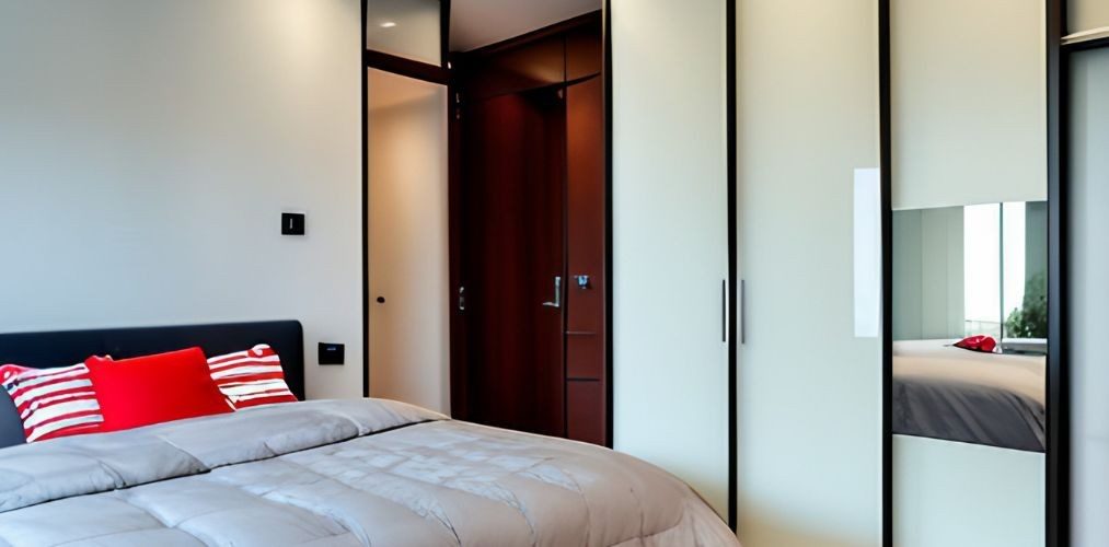 Modern bedroom with white lacquered glass wardrobe-Beautiful Homes